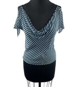 Warehouse Gray Black Crop Blouse Silk Striped Cowl Neck Cold-Shoulder Size 8